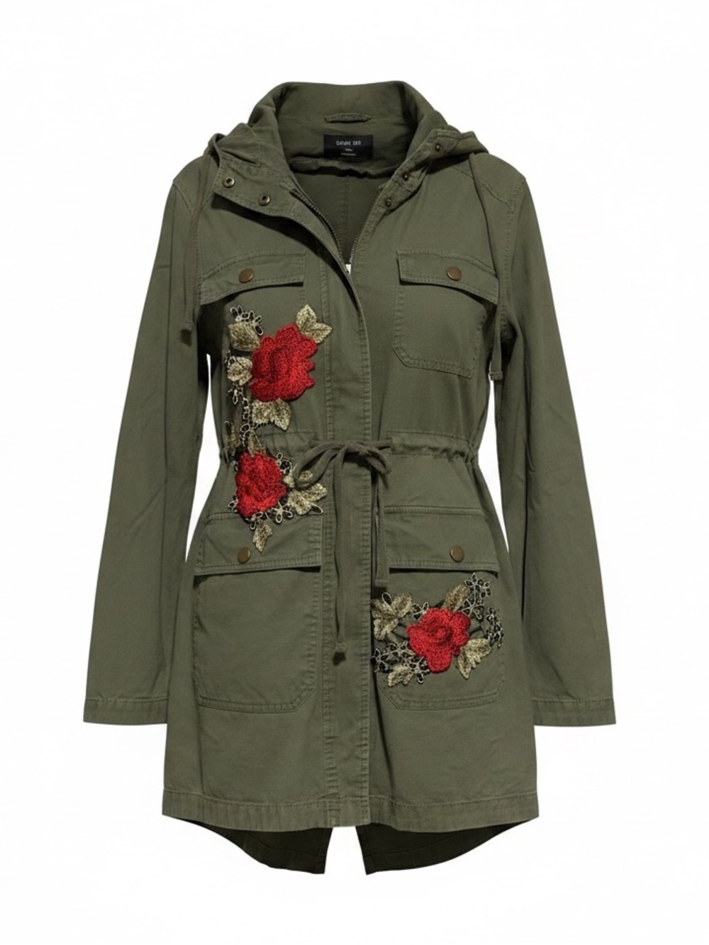 Active USA Olive Utility Jacket with Red Rose Embroidery